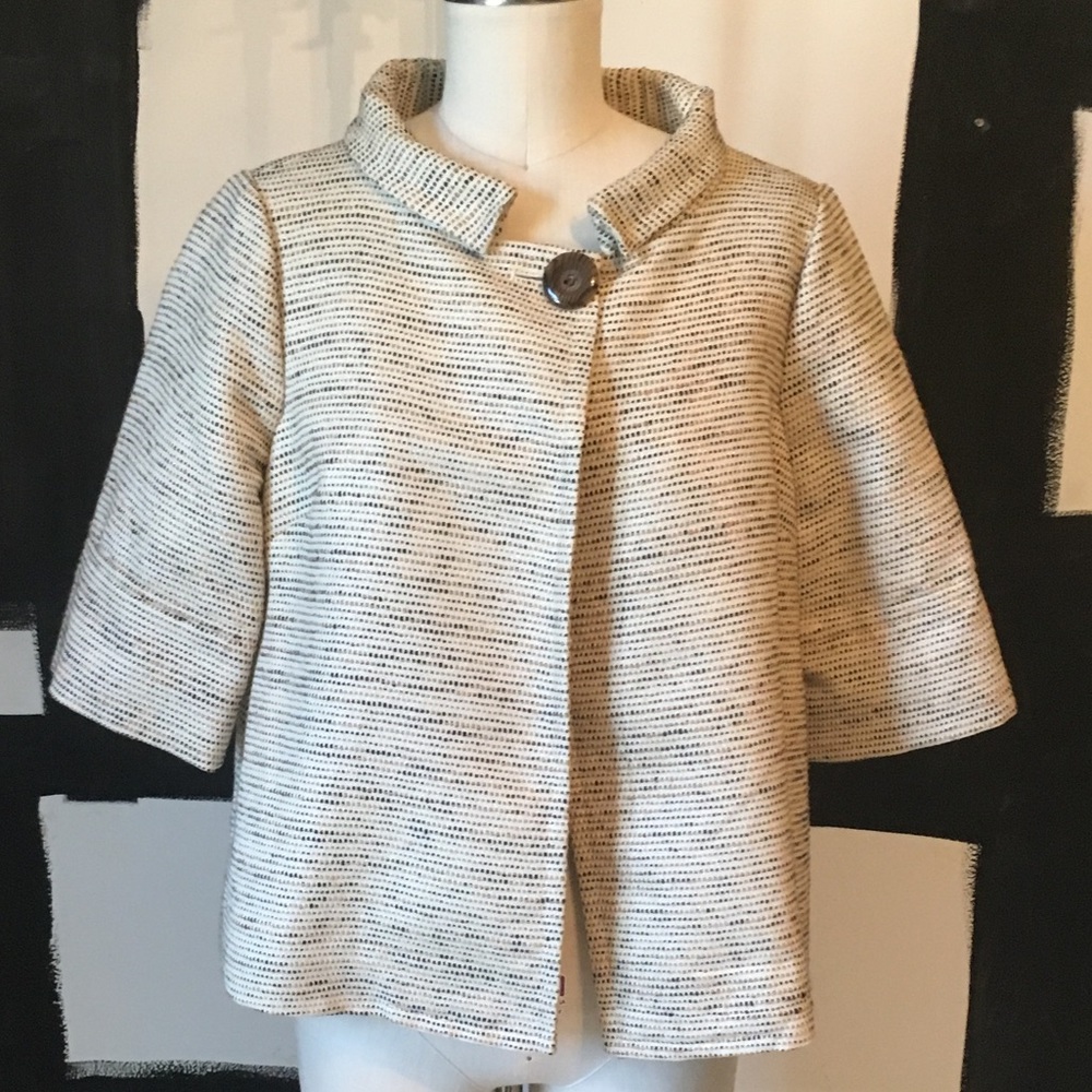ECI Cream and Black Textured Short Coat with Stand Collar